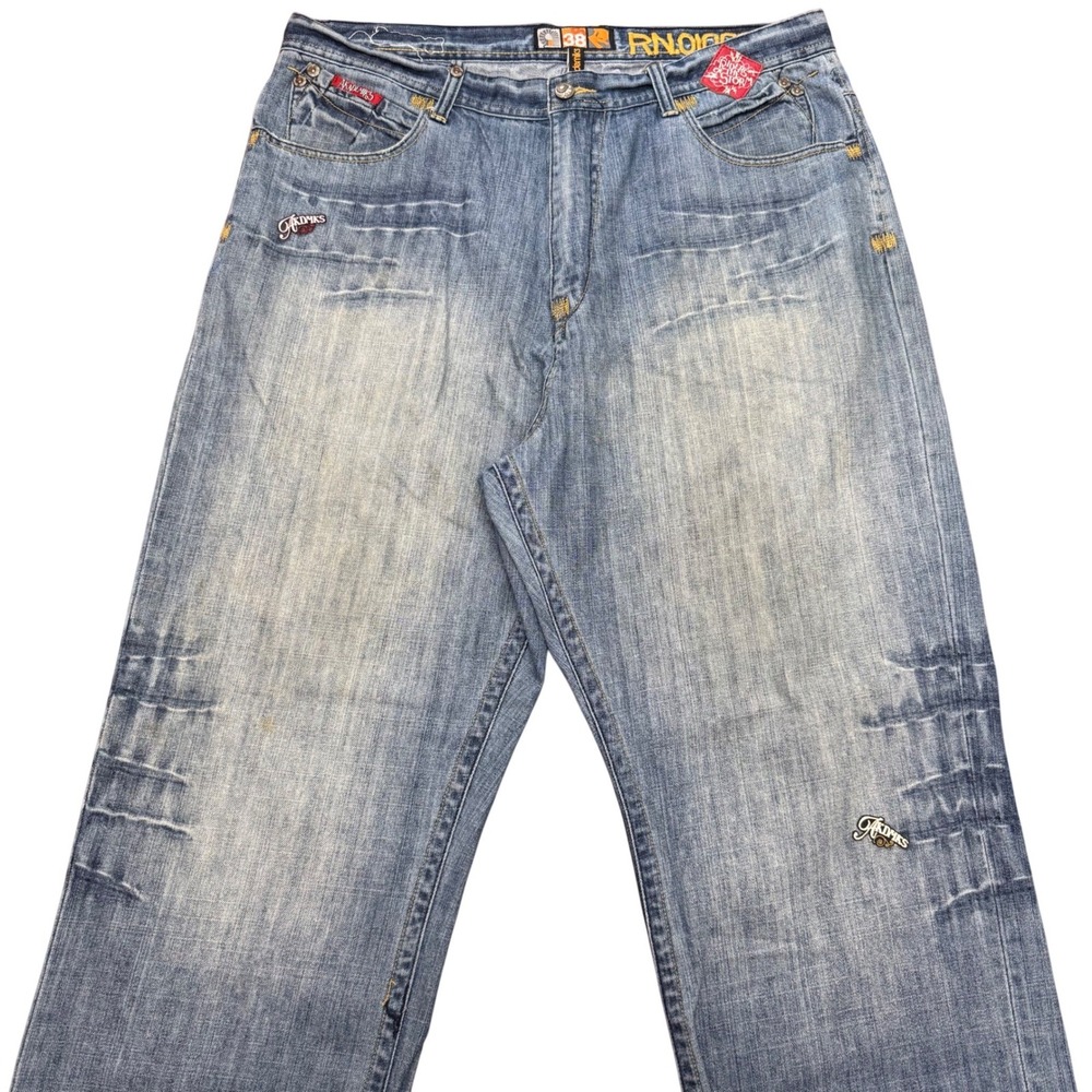 Akademiks Riders of the Storm Jeans Mens 38 Blue Vintage Y2K Embroidered Baggy